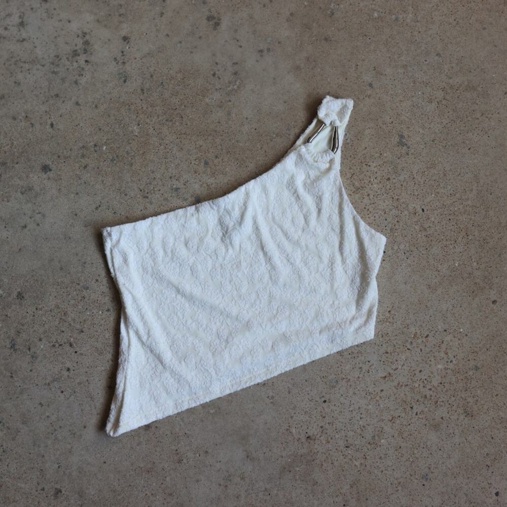Princess Polly Ivory Textured Asymmetrical One Shoulder Top Metal Detail Size 8